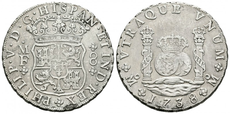 Felipe V (1700-1746). 8 reales. 1738. México. MF. (Cal-783). Ag. 26,65 g. Hojita...