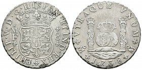 Felipe V (1700-1746). 8 reales. 1738. México. MF. (Cal-783). Ag. 26,65 g. Hojita en anverso. Marcas. MBC+. Est...180,00.