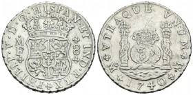 Felipe V (1700-1746). 8 reales. 1740. México. MF. (Cal-790). Ag. 26,74 g. Limpiada. Marcas. MBC+. Est...220,00.