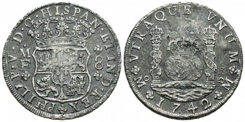 Felipe V (1700-1746). 8 reales. 1742. México. MF. (Cal-793). Ag. 26,58 g. Oxidac...