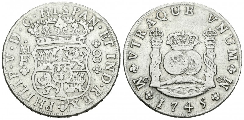 Felipe V (1700-1746). 8 reales. 1745. México. MF. (Cal-798). Ag. 26,57 g. BC+. E...