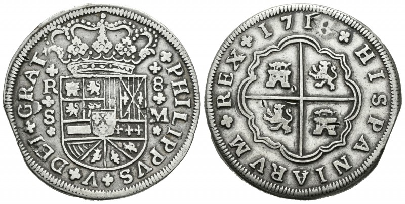 Felipe V (1700-1746). 8 reales. 1718. Sevilla. M. (Cal-936). Ag. 21,76 g. Armas ...