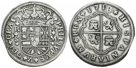 Felipe V (1700-1746). 8 reales. 1718. Sevilla. M. (Cal-936). Ag. 21,76 g. Armas de Borgoña moderna con tres flores de lis. El 8 de la fecha manipulado...