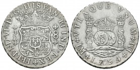 Fernando VI (1746-1759). 8 reales. 1754. Lima. JD. (Cal-310). Ag. 26,51 g. Punto sobre las dos LMA. Punto delante del 4 de la fecha. Leves oxidaciones...