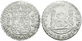 Fernando VI (1746-1759). 8 reales. 1748. México. MF. (Cal-323). Ag. 27,02 g. Oxidaciones. MBC+. Est...200,00.