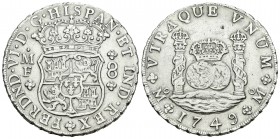Fernando VI (1746-1759). 8 reales. 1749. México. MF. (Cal-324). Ag. 26,74 g. Pequeño golpe en reverso. MBC+. Est...220,00.