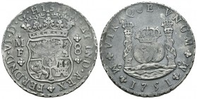 Fernando VI (1746-1759). 8 reales. 1751. México. MF. (Cal-327). Ag. 26,94 g. Pátina oscura. Rayas de ajuste en anverso. MBC. Est...200,00.