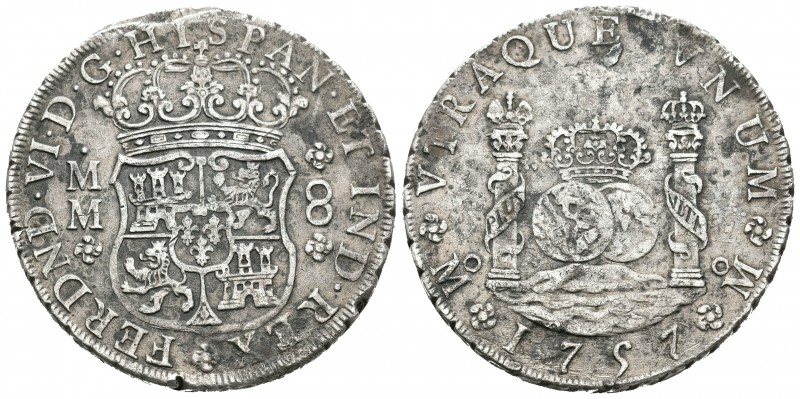 Fernando VI (1746-1759). 8 reales. 1757. México. MM. (Cal-342). Ag. 25,96 g. Oxi...