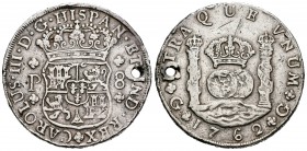 Carlos III (1759-1788). 8 reales. 1762. Guatemala. P. (Cal-811). Ag. 26,78 g. Agujero. Rara. MBC. Est...220,00.