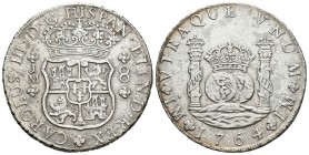Carlos III (1759-1788). 8 reales. 1764. Lima. JM. (Cal-840). Ag. 26,57 g. Punto sobre las dos LMA. Oxidaciones. Escasa. EBC-. Est...220,00.