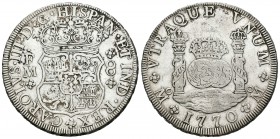 Carlos III (1759-1788). 8 reales. 1770. México. FM. (Cal-912). Ag. 26,80 g. MBC+. Est...210,00.