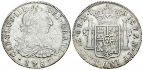 Carlos III (1759-1788). 8 reales. 1785. Lima. MI. (Cal-868). Ag. 26,92 g. Buen ejemplar. MBC+. Est...110,00.