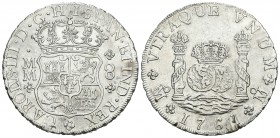 Carlos III (1759-1788). 8 reales. 1761. México. MM. (Cal-888). Ag. 26,72 g. Resto de soldadura. Limpiada. MBC+. Est...200,00.