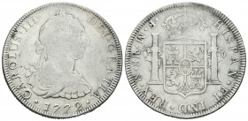 Carlos III (1759-1788). 8 reales. 1772. México. FM. (Cal-916). Ag. 26,50 g. Ceca y ensayadores invertidos. BC. Est...40,00.