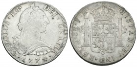 Carlos III (1759-1788). 8 reales. 1774. México. FM. (Cal-919). Ag. 26,77 g. Canto liso en parte. BC+. Est...45,00.