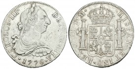 Carlos III (1759-1788). 8 reales. 1776. México. FM. (Cal-921). Ag. 26,86 g. Grafiti. MBC+. Est...70,00.