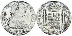 Carlos III (1759-1788). 8 reales. 1778. México. FF. (Cal-926). Ag. 26,88 g. Grafiti. MBC-. Est...50,00.