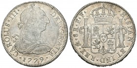 Carlos III (1759-1788). 8 reales. 1779. México. FF. (Cal-929). Ag. 26,86 g. Restos de brillo original. EBC-. Est...180,00.