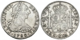 Carlos III (1759-1788). 8 reales. 1780. México. FF. (Cal-930). Ag. 26,83 g. Limpiada. MBC-. Est...60,00.