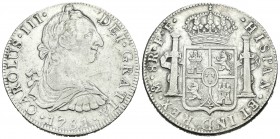 Carlos III (1759-1788). 8 reales. 1781. México. FF. (Cal-931). Ag. 26,76 g. Rayitas en anverso. BC+. Est...40,00.
