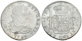 Carlos III (1759-1788). 8 reales. 1782. México. FF. (Cal-932). Ag. 26,83 g. Ligera plata agria y leves oxidaciones. Brillo original. MBC+/EBC-. Est......