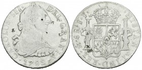 Carlos III (1759-1788). 8 reales. 1782. México. FF. (Cal-932). Ag. 26,73 g. Pequeños resellos orientales. BC-. Est...30,00.
