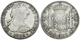 Carlos III (1759-1788). 8 reales. 1786. México. FM. (Cal-939). Ag. 26,62 g. Limpiada. BC+/MBC-. Est...45,00.