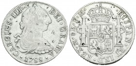Carlos III (1759-1788). 8 reales. 1788. México. FM. (Cal-942). Ag. 26,72 g. Pequeños resellos orientales. BC+. Est...45,00.
