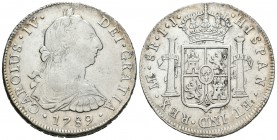 Carlos IV (1788-1808). 8 reales. 1789. Lima. IJ. (Cal-641). Ag. 26,81 g. Busto de Carlos III y ordinal IV. Escasa. MBC/MBC+. Est...90,00.