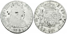 Carlos IV (1788-1808). 8 reales. 1791. Lima. IJ. (Cal-644). Ag. 26,41 g. Pequeños resellos orientales. BC. Est...25,00.