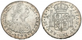 Carlos IV (1788-1808). 8 reales. 1794. Lima. JJ. (Cal-648). Ag. 26,78 g. Brillo original. Rara en esta conservación. EBC/EBC+. Est...320,00.