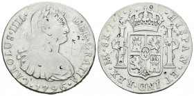 Carlos IV (1788-1808). 8 reales. 1796. Lima. IJ. (Cal-651). Ag. 26,67 g. Pequeños resellos orientales. Grafitis. BC/BC+. Est...30,00.