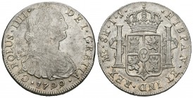 Carlos IV (1788-1808). 8 reales. 1799. Lima. IJ. (Cal-654). Ag. 27,24 g. Restos de brillo original. EBC-. Est...150,00.