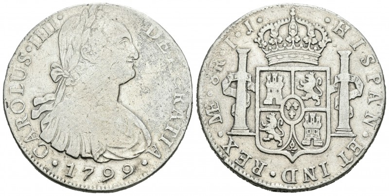 Carlos IV (1788-1808). 8 reales. 1799. Lima. IJ. (Cal-654). Ag. 26,93 g. BC+. Es...