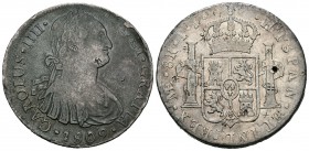 Carlos IV (1788-1808). 8 reales. 1809. Lima. IJ. (Cal-473). Ag. 26,06 g. Pequeños resellos orientales. BC+. Est...40,00.