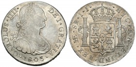 Carlos IV (1788-1808). 8 reales. 1803. Lima. IJ. (Cal-659). Ag. 27,28 g. Oxidaciones superficiales limpiadas. Muy escasa en esta conservación. EBC. Es...