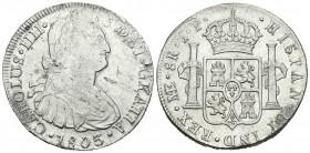 Carlos IV (1788-1808). 8 reales. 1803. Lima. JP. (Cal-660). Ag. 27,02 g. Leve oxidación. EBC-. Est...60,00.