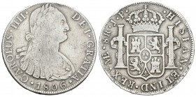 Carlos IV (1788-1808). 8 reales. 1806. Lima. JP. (Cal-663). Ag. 26,88 g. BC+. Est...35,00.
