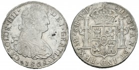 Carlos IV (1788-1808). 8 reales. 1808. Lima. JP. (Cal-665). Ag. 26,80 g. Golpecitos. Ligeramente limpiada. MBC. Est...50,00.
