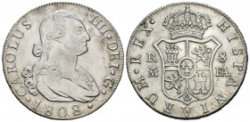 Carlos IV (1788-1808). 8 reales. 1808. Madrid. FA. (Cal-676). Ag. 27,14 g. Limpiada. Escasa. MBC+/EBC-. Est...240,00.