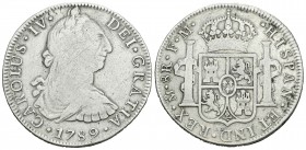 Carlos IV (1788-1808). 8 reales. 1789. México. FM. (Cal-681). Ag. 26,28 g. Busto de Carlos III y numeral IV. BC+. Est...40,00.