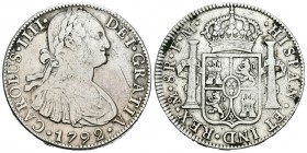 Carlos IV (1788-1808). 8 reales. 1792. México. FM. (Cal-685). Ag. 26,64 g. Limpiada. Rayas. BC+. Est...45,00.