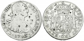 Carlos IV (1788-1808). 8 reales. 1793. México. FM. (Cal-686). Ag. 26,65 g. Golpecitos en el canto. Pequeños resellos orientales. BC+/MBC-. Est...45,00...
