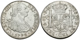 Carlos IV (1788-1808). 8 reales. 1794. México. FM. (Cal-687). Ag. 27,03 g. Rayitas. MBC+. Est...70,00.