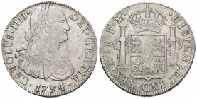 Carlos IV (1788-1808). 8 reales. 1794. México. FM. (Cal-687). Ag. 26,92 g. MBC+. Est...45,00.