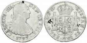 Carlos IV (1788-1808). 8 reales. 1797. México. FM. (Cal-691). Ag. 26,76 g. Resellos orientales. Limpiada. BC. Est...30,00.