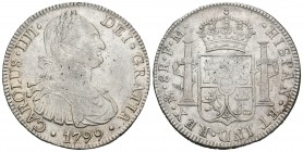 Carlos IV (1788-1808). 8 reales. 1799. México. FM. (Cal-694). Ag. 27,00 g. Pequeñas marcas. MBC+/MBC. Est...70,00.