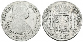 Carlos IV (1788-1808). 8 reales. 1802. México. FT. (Cal-698). Ag. 26,48 g. Oxidaciones. BC+. Est...30,00.