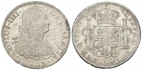 Carlos IV (1788-1808). 8 reales. 1803. México. FT. (Cal-699). Ag. 26,91 g. Rayita en anverso. Restos de brillo original. EBC-. Est...90,00.