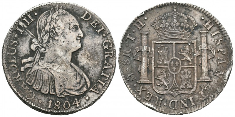 Carlos IV (1788-1808). 8 reales. 1804. México. TH. (Cal-701). Ag. 26,71 g. Raya ...